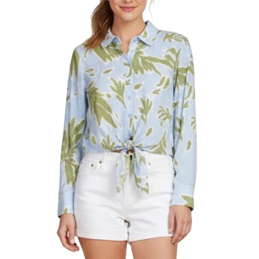 JOIE Blue/Green PALM TROPICAL Sateen Twil BUTTON-UP Tie-Front CROP Top Blouse XS
